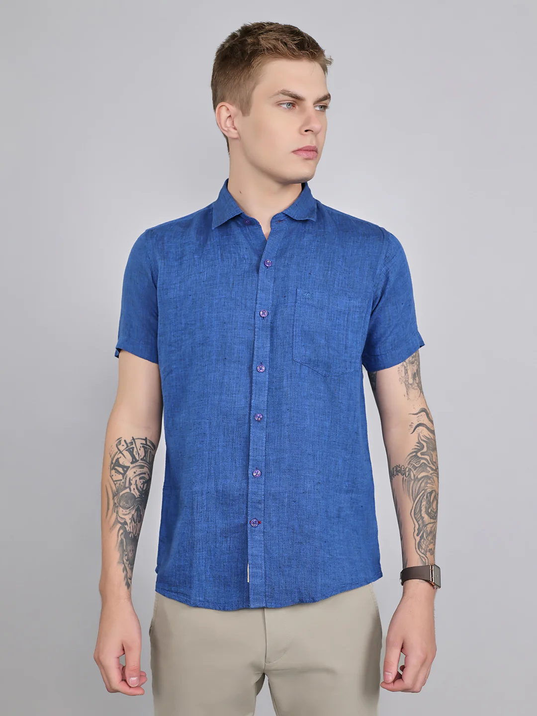 Men Navy Blue Solid Collar Half Sleeve Shirt - Image 4