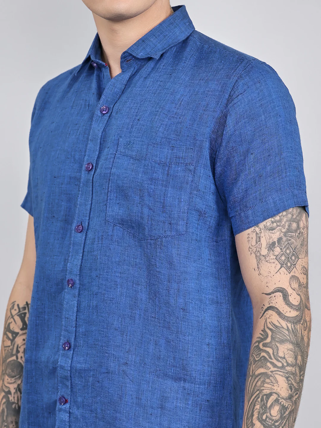 Men Navy Blue Solid Collar Half Sleeve Shirt - Image 6