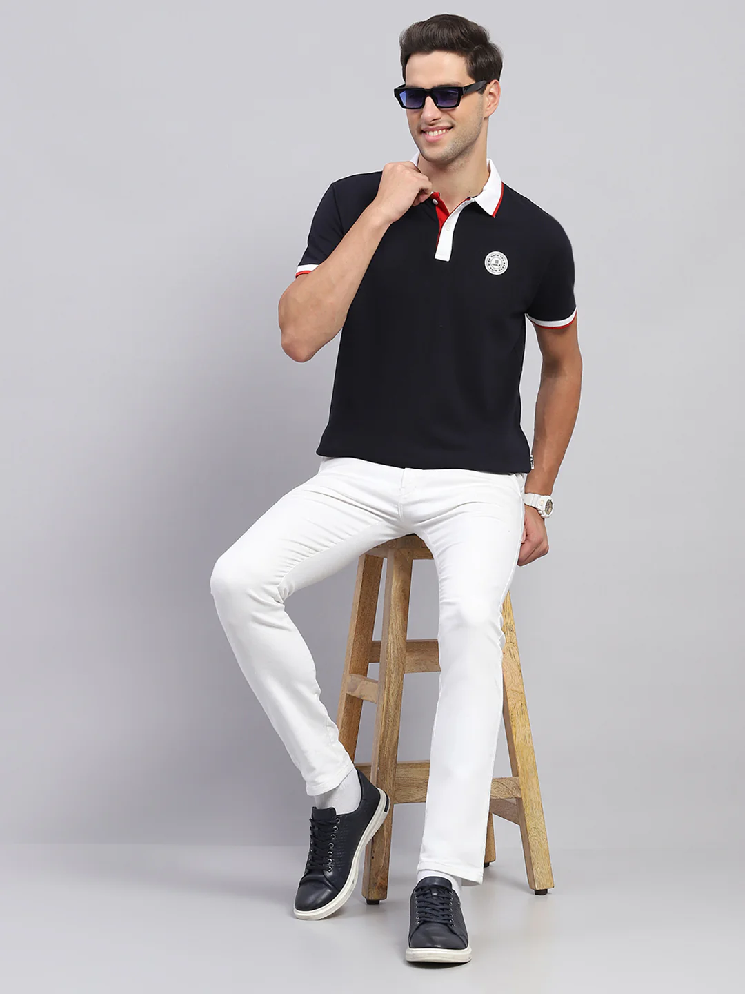 Rock.it Men Navy Blue Solid Collar Half Sleeve T-Shirt - Image 2