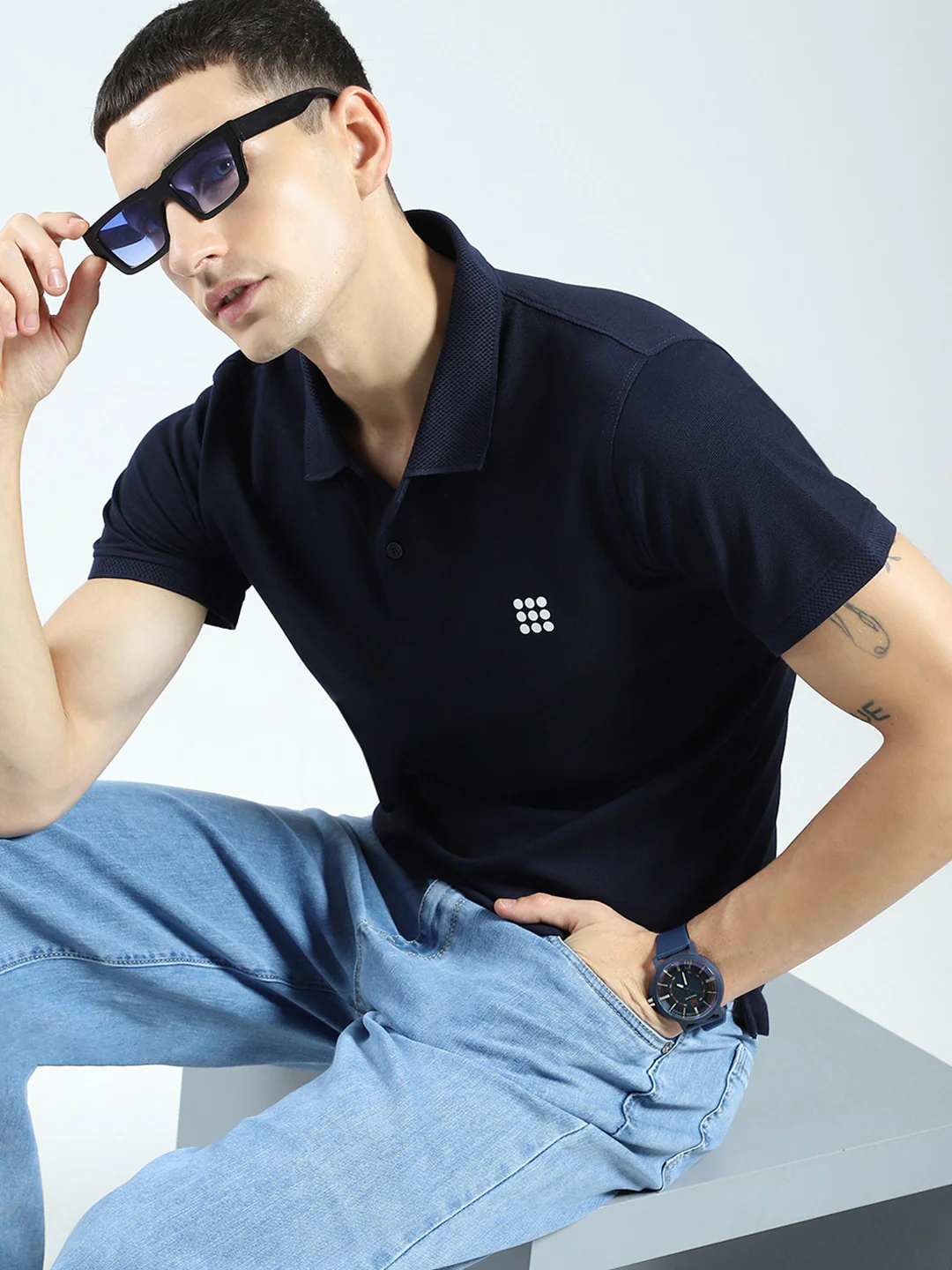 Rock.it Men Navy Blue Solid Collar Half Sleeve T-Shirt - Image 6
