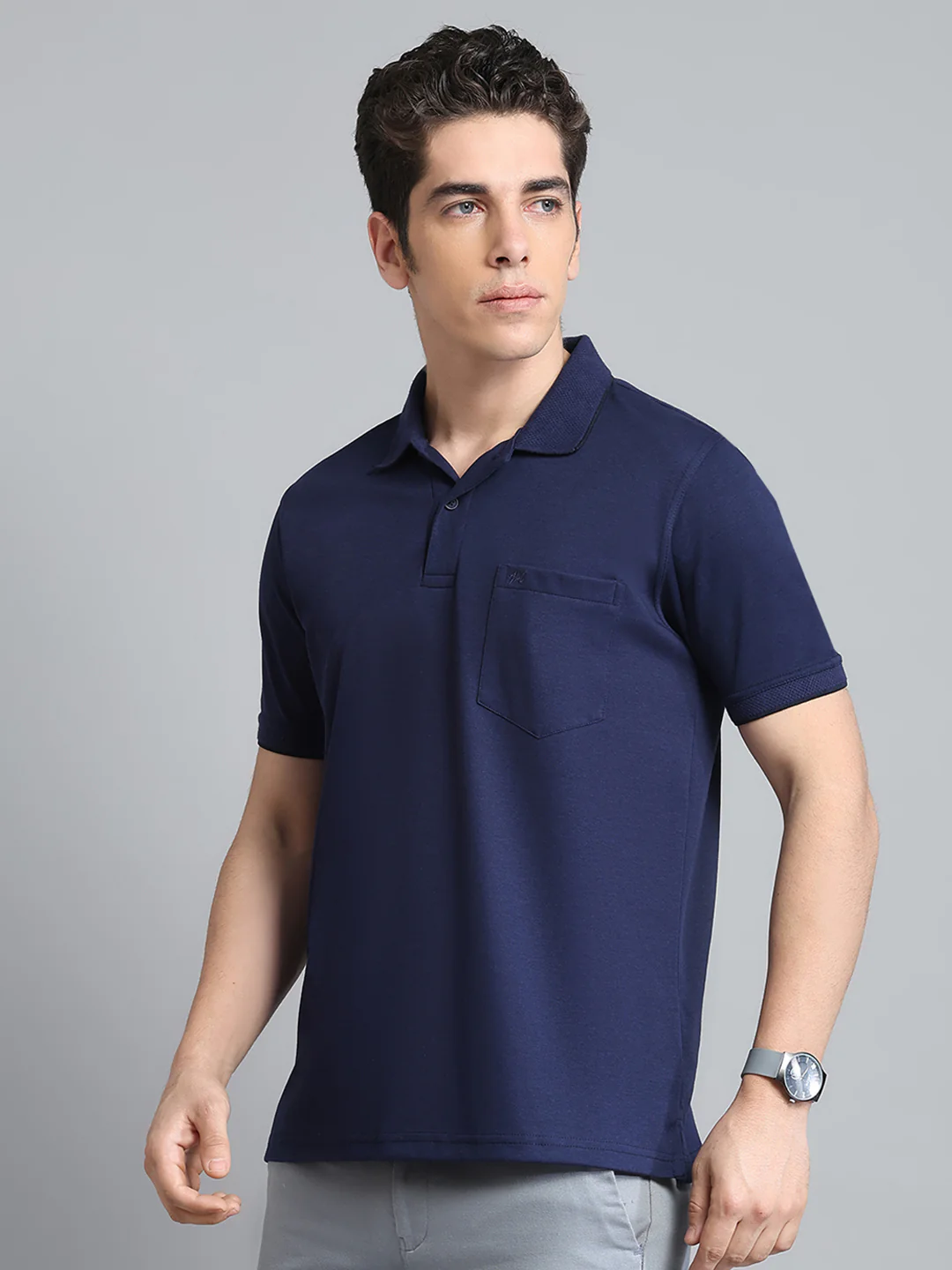 Men Navy Blue Solid Collar Half Sleeve T-Shirt - Image 3