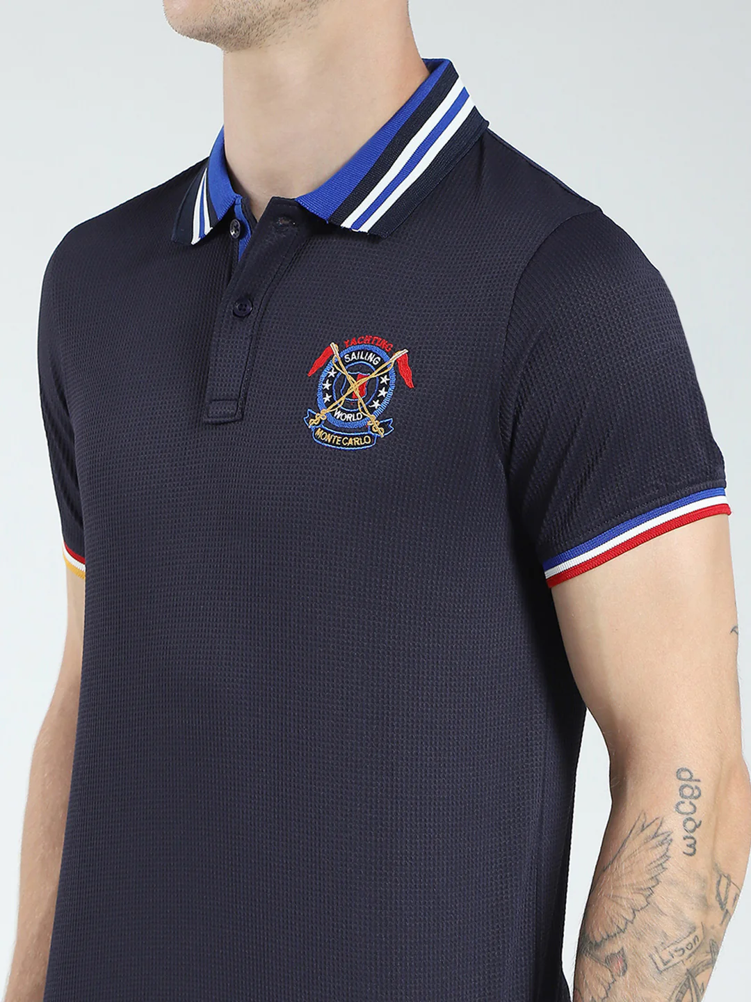 Men Navy Blue Solid Collar Half Sleeve T-Shirt - Image 6