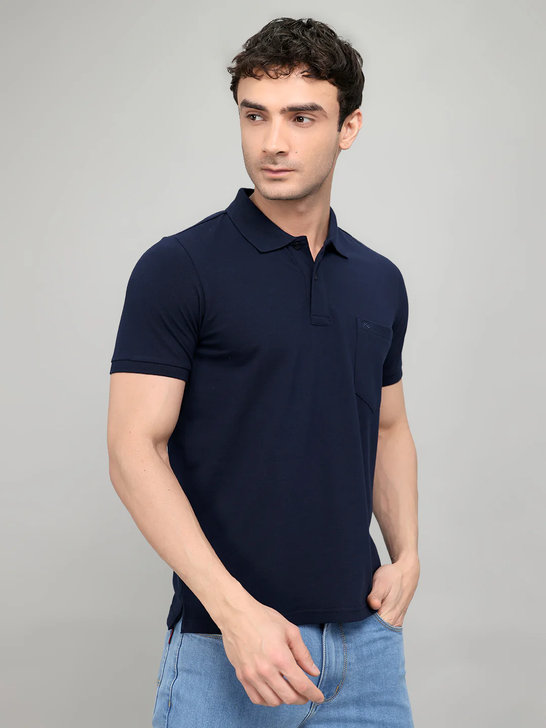 Men Navy Blue Solid Collar Half Sleeve T-Shirt - Image 2