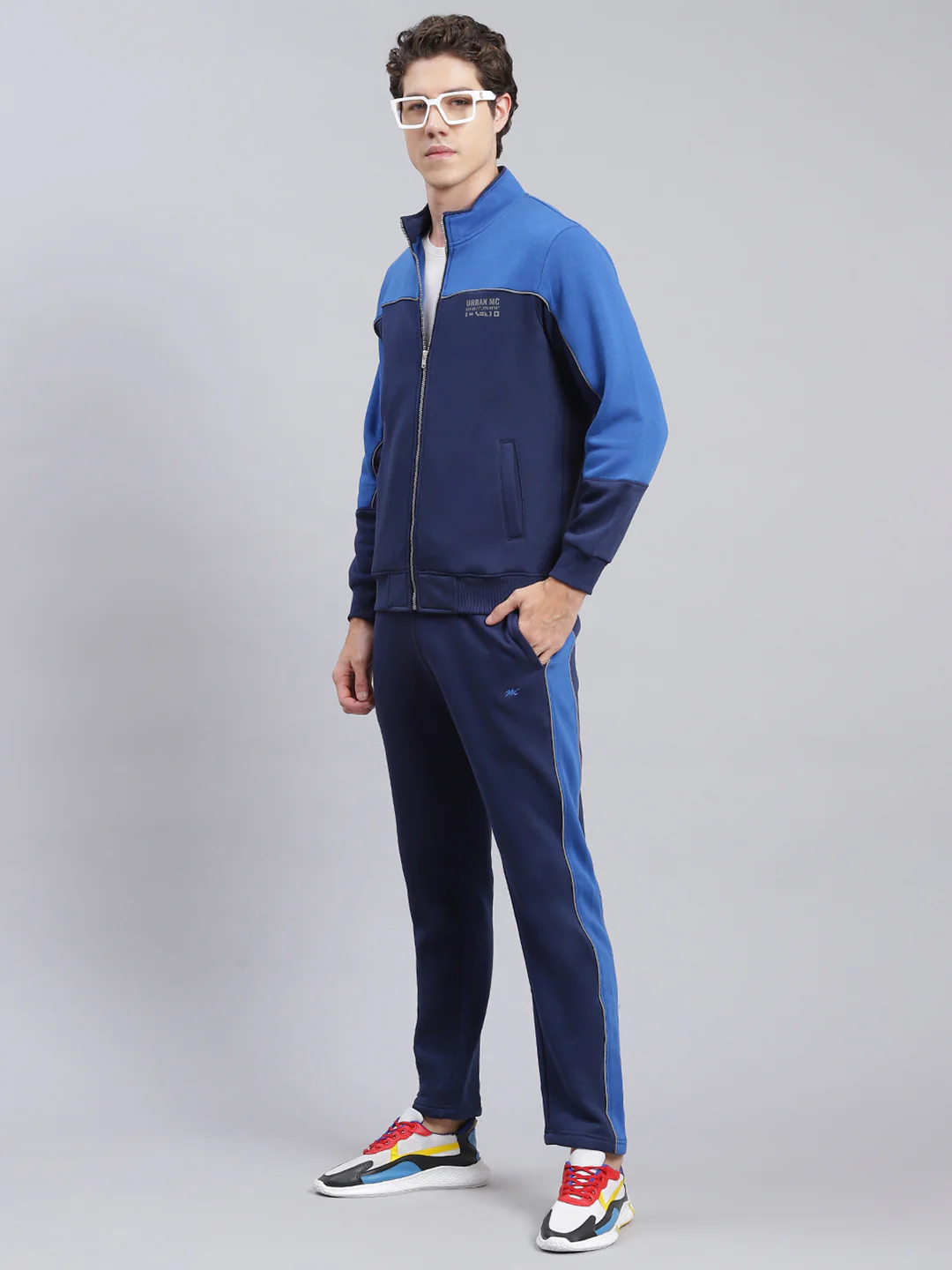 Men Navy Blue Solid Cotton Blend Track Suit - Image 4