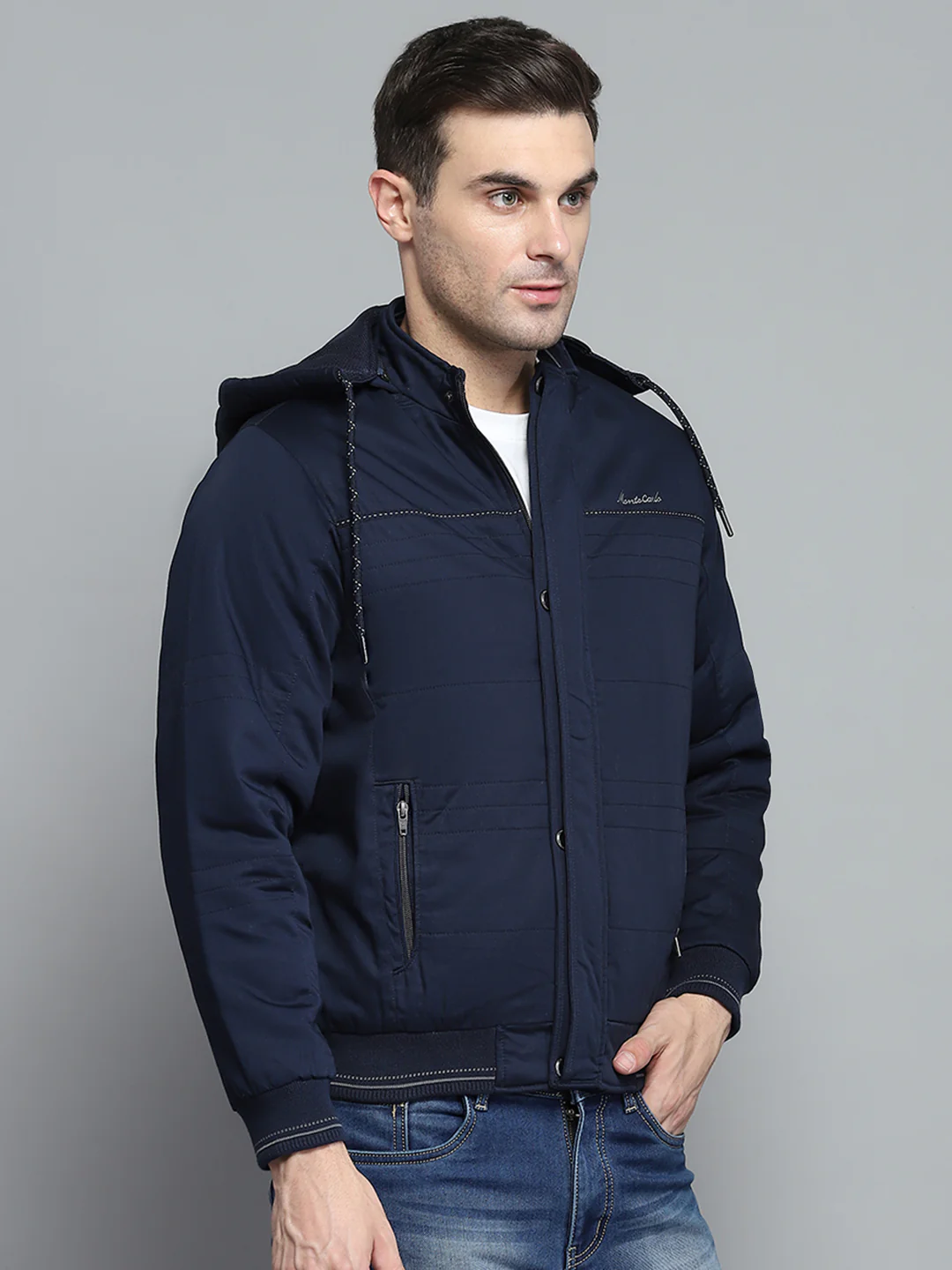 Men Navy Blue Solid Detachable Hood Full Sleeve Jacket - Image 4