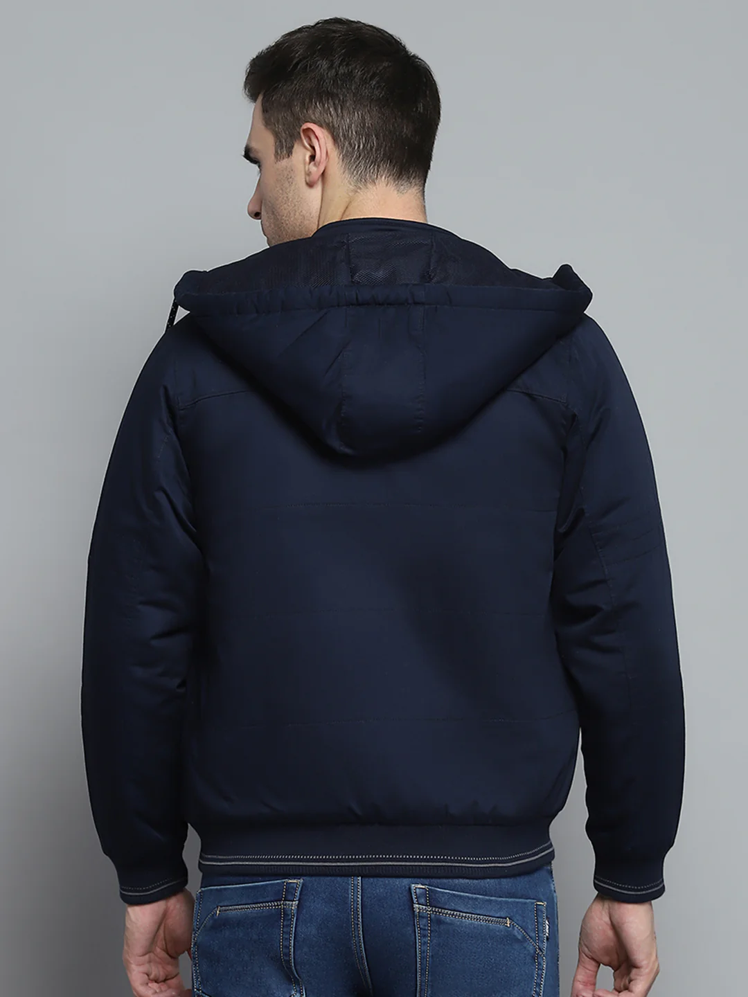 Men Navy Blue Solid Detachable Hood Full Sleeve Jacket - Image 5