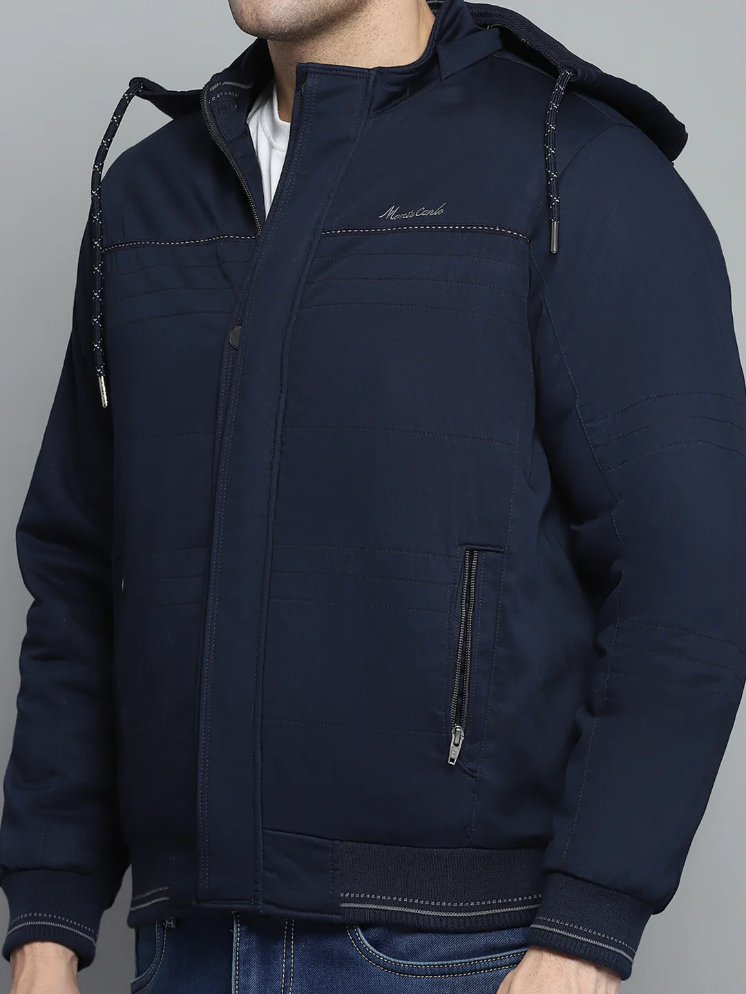 Men Navy Blue Solid Detachable Hood Full Sleeve Jacket - Image 6