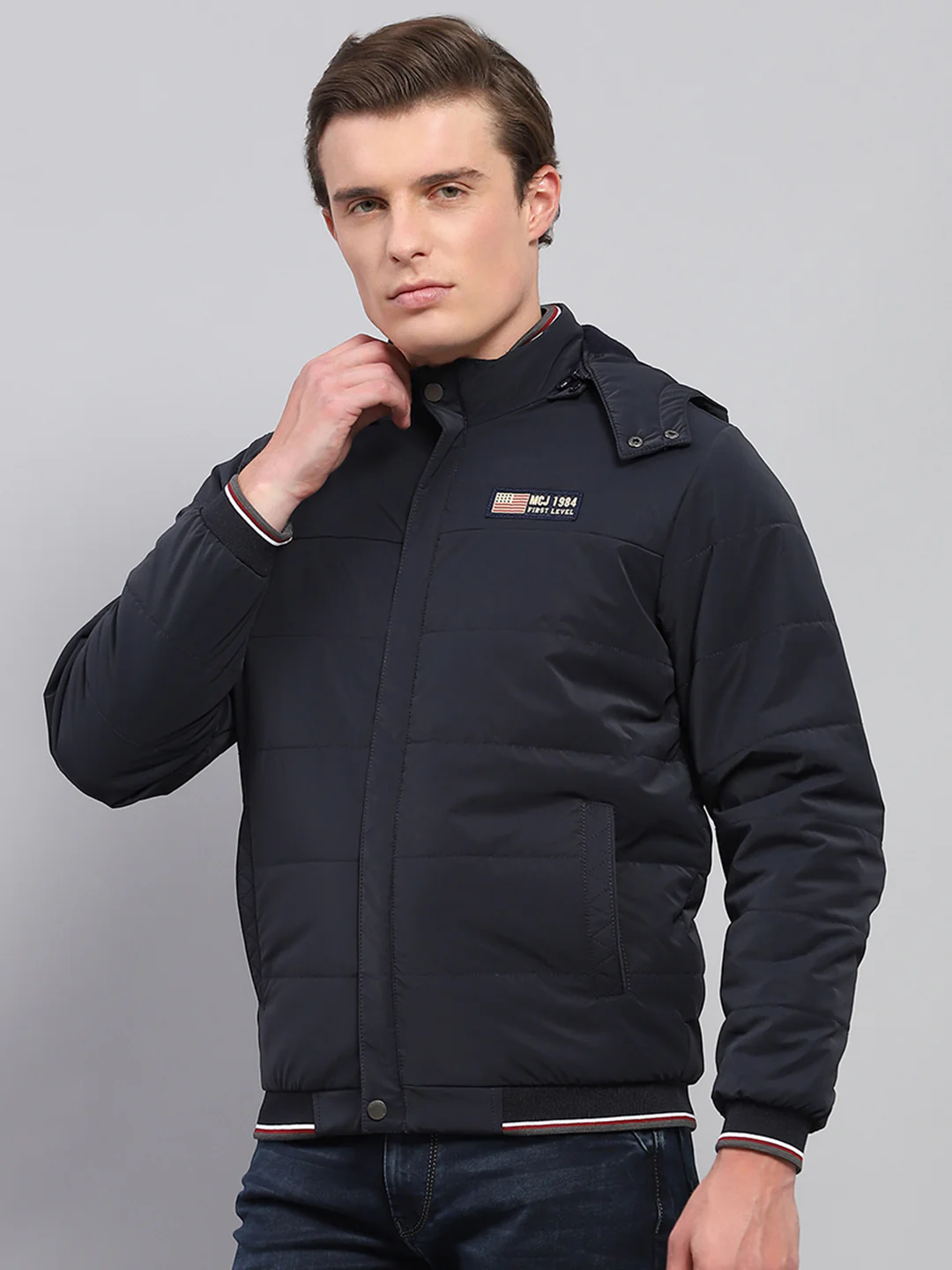 Men Navy Blue Solid Detachable Hood Full Sleeve Jacket - Image 3