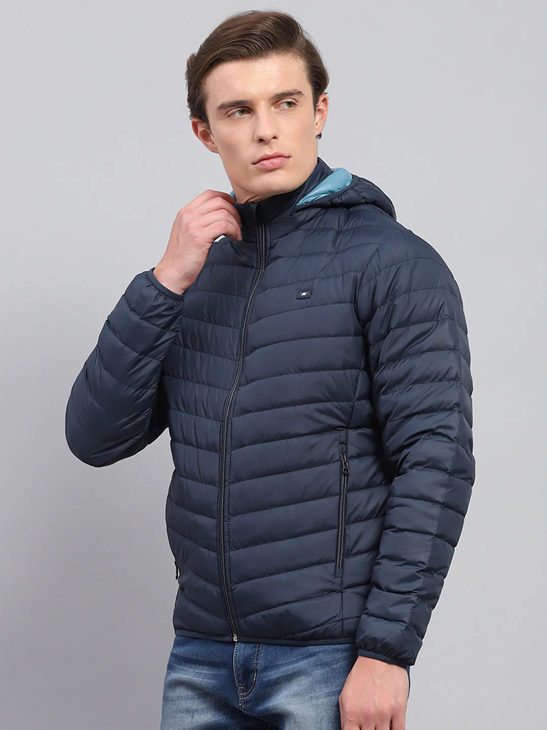 Men Navy Blue Solid Detachable Hood Full Sleeve Jacket - Image 3
