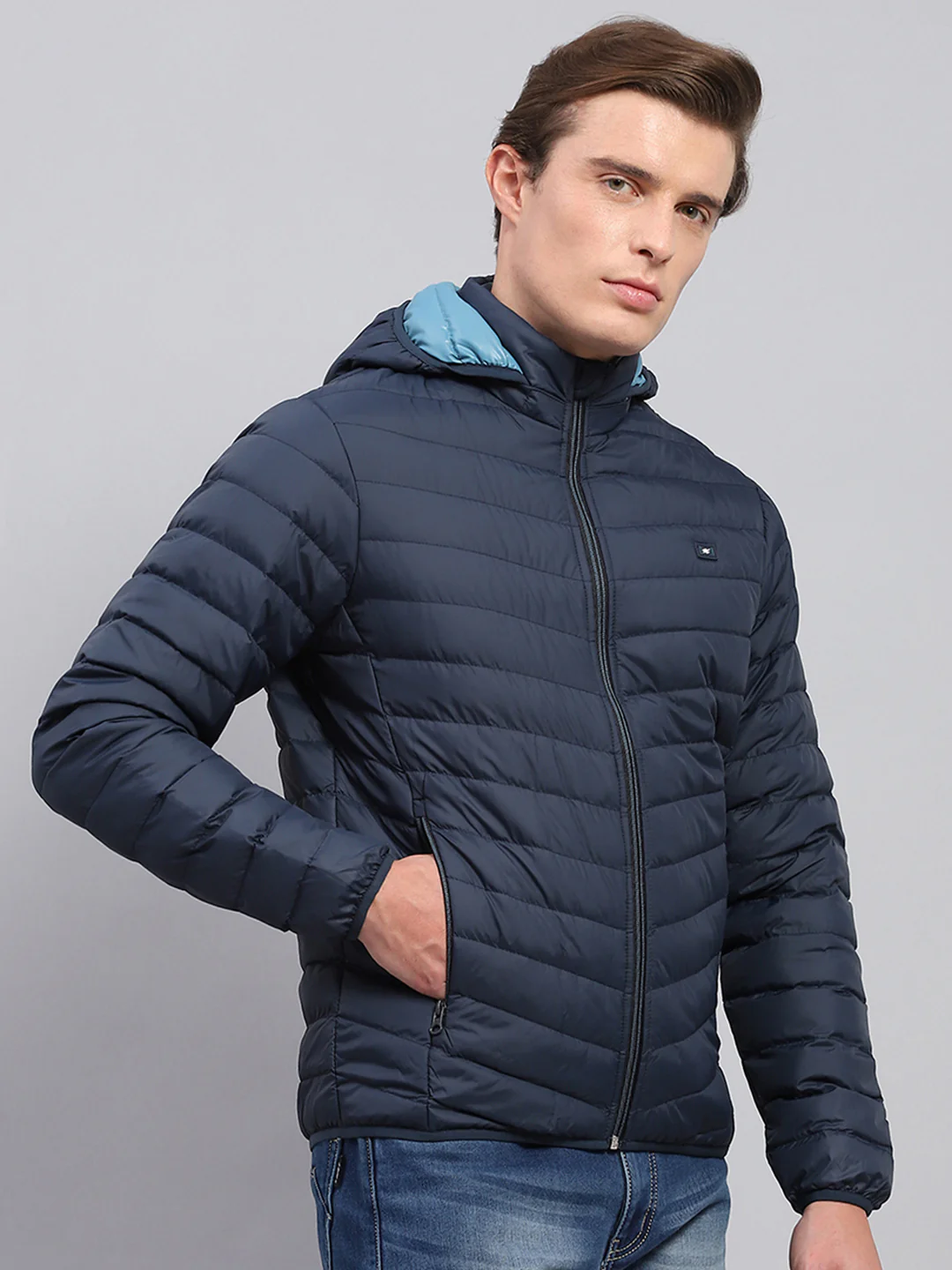 Men Navy Blue Solid Detachable Hood Full Sleeve Jacket - Image 4