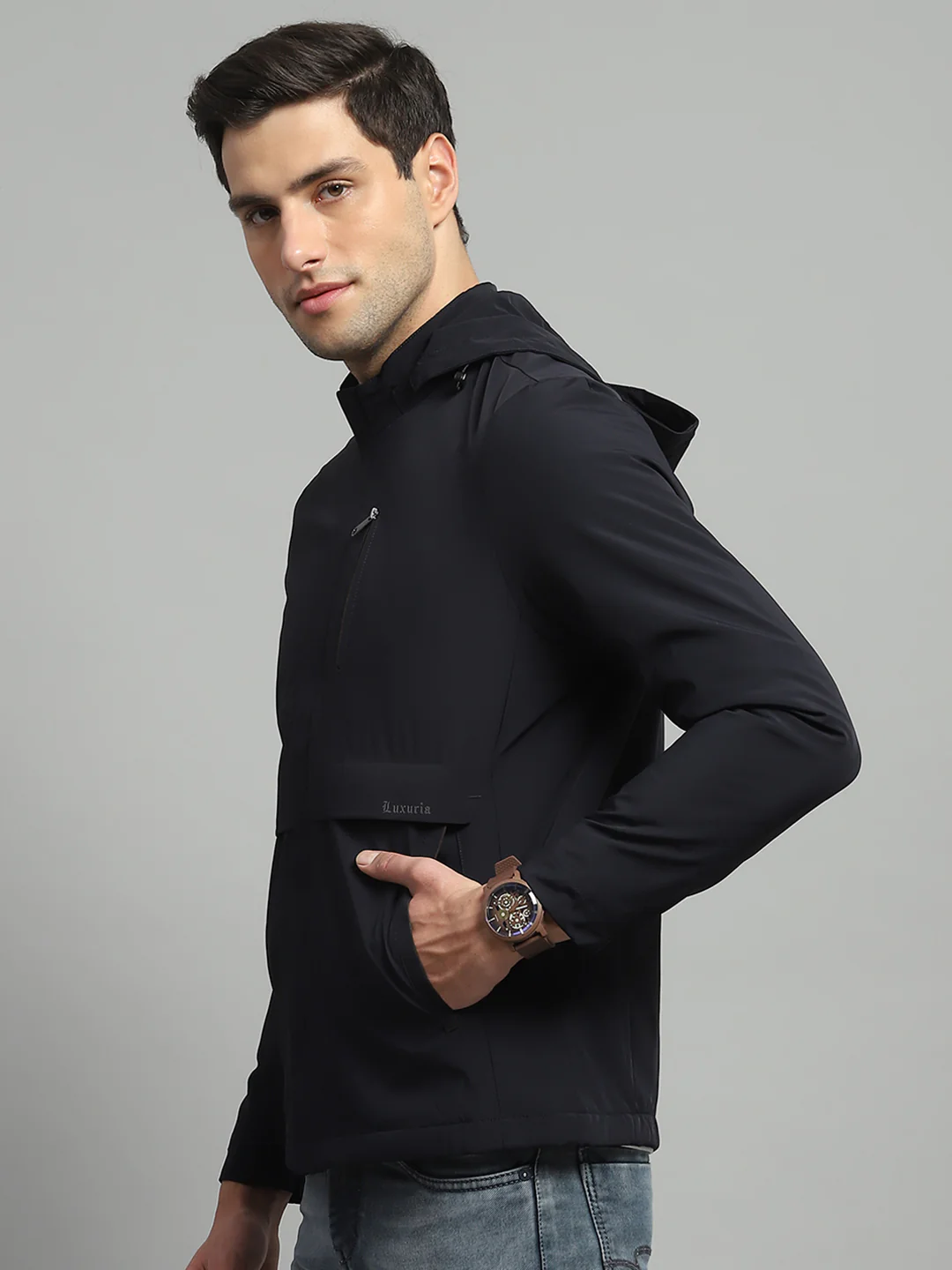 Luxuria Men Navy Blue Solid Detachable Hood Full Sleeve Jacket - Image 3
