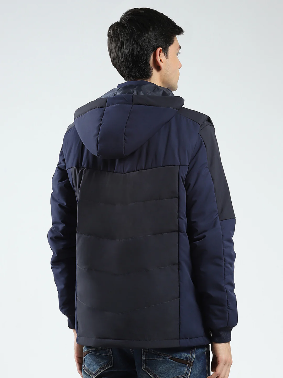 Men Navy Blue Solid Detachable Hood Full Sleeve Jacket - Image 5