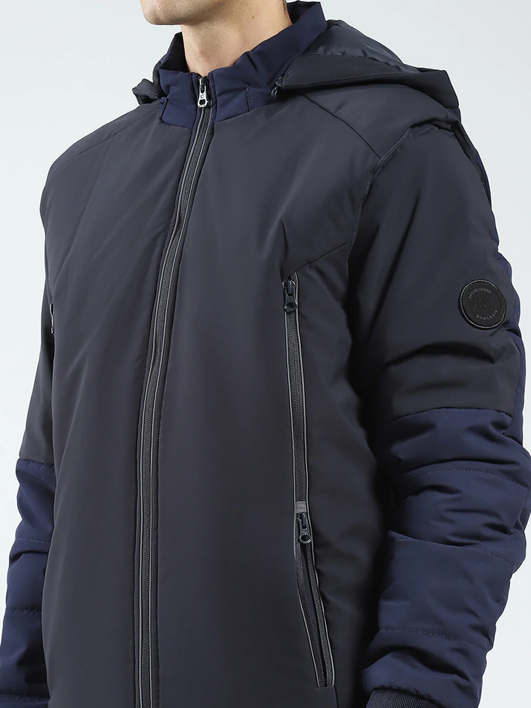 Men Navy Blue Solid Detachable Hood Full Sleeve Jacket - Image 9