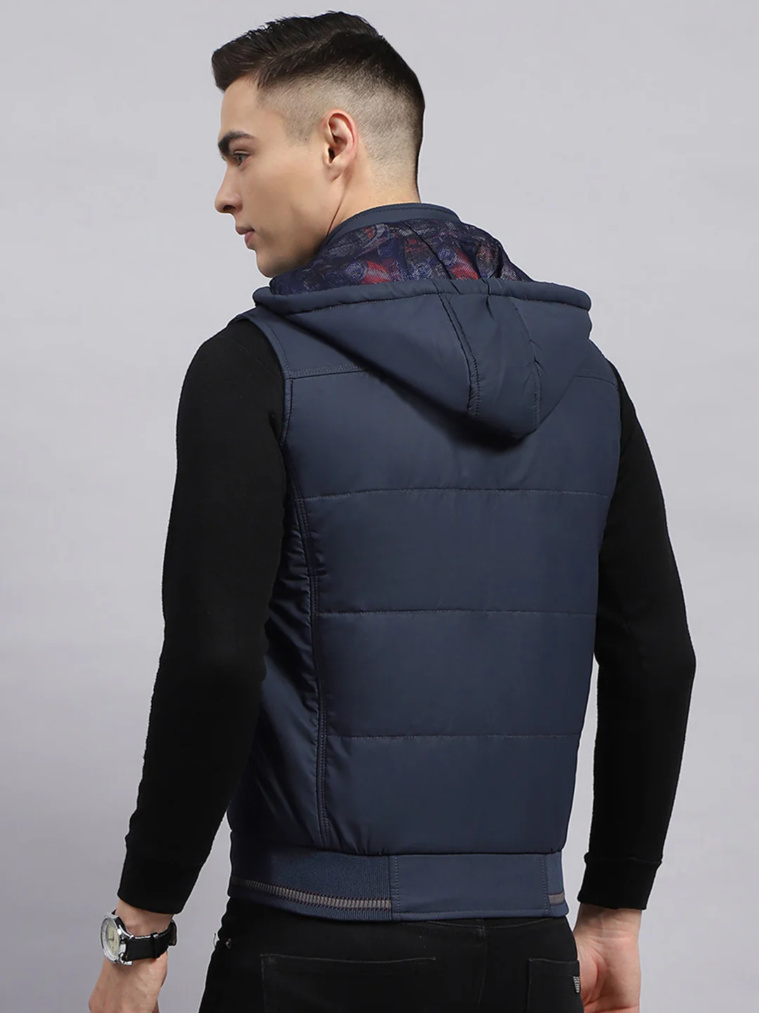 Men Navy Blue Solid Detachable Hood Sleeveless Jacket - Image 5