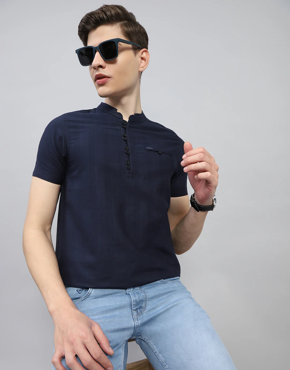 Men Navy Blue Solid F Neck Half Sleeve Kurta - Image 6