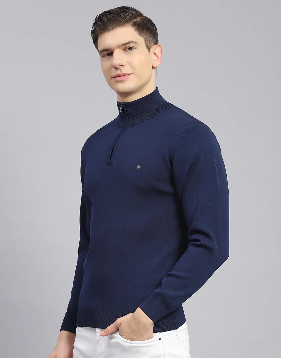 Men Navy Blue Solid H Neck Full Sleeve Sweater - Image 3