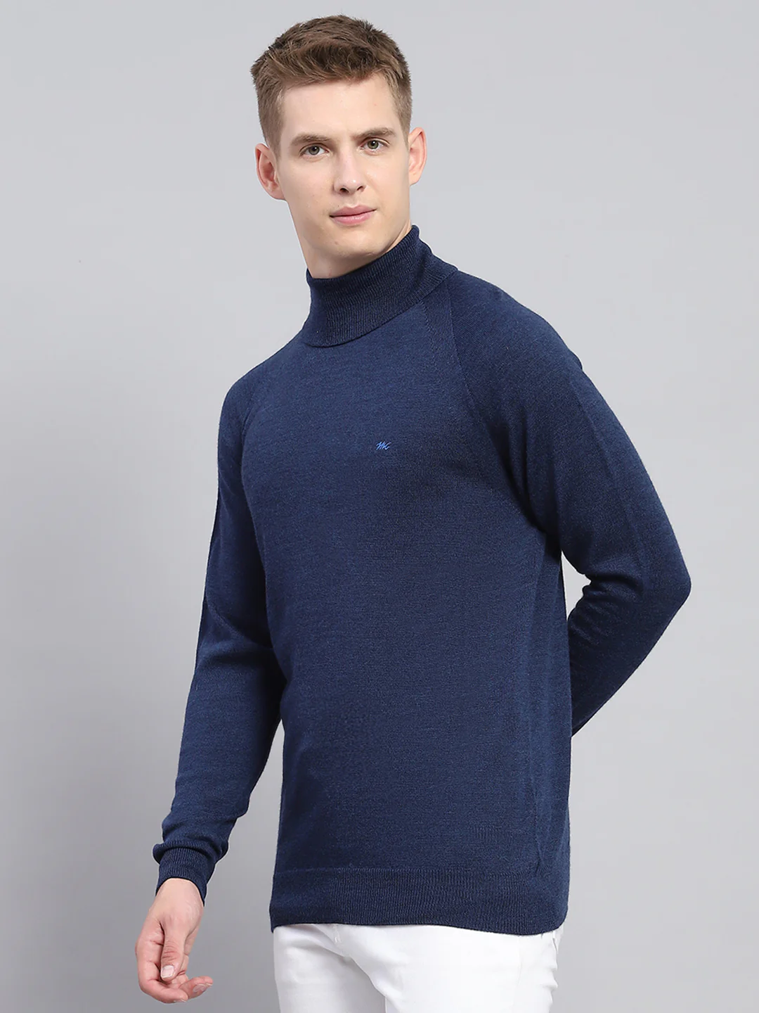 Men Navy Blue Solid High Neck Full Sleeve Pullover - Image 3