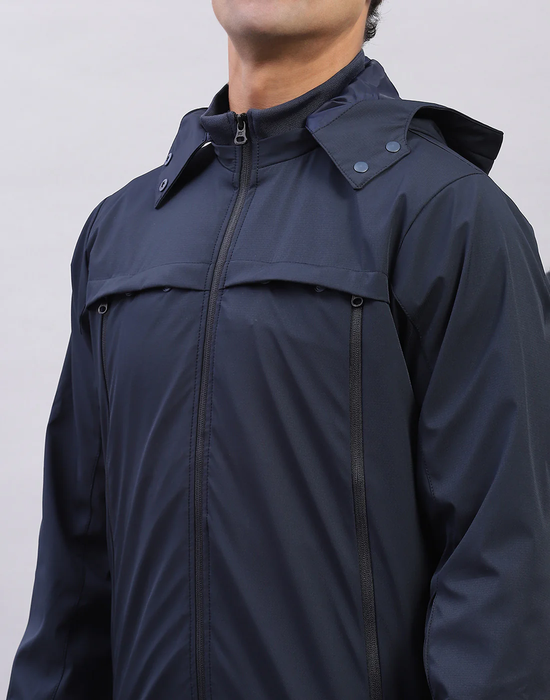 Men Navy Blue Solid Hooded Full Sleeve Jacket - Image 6