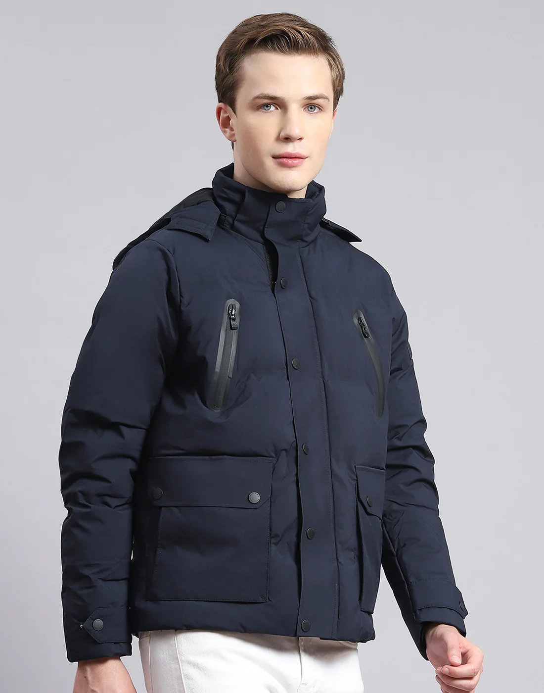 Men Navy Blue Solid Hooded Full Sleeve Jacket - Image 4