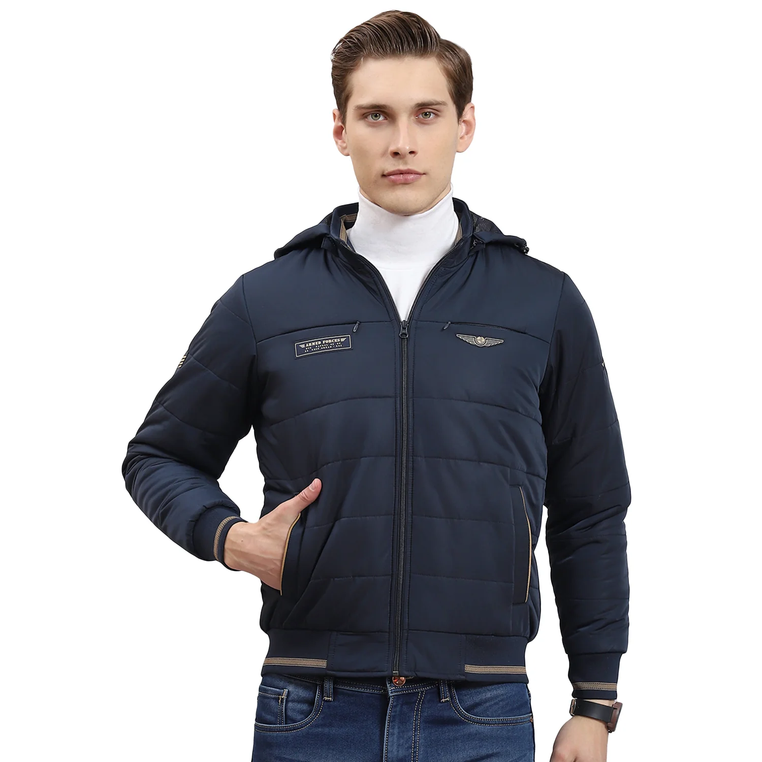 Men Navy Blue Solid Hooded Full Sleeve Jacket - Image 5