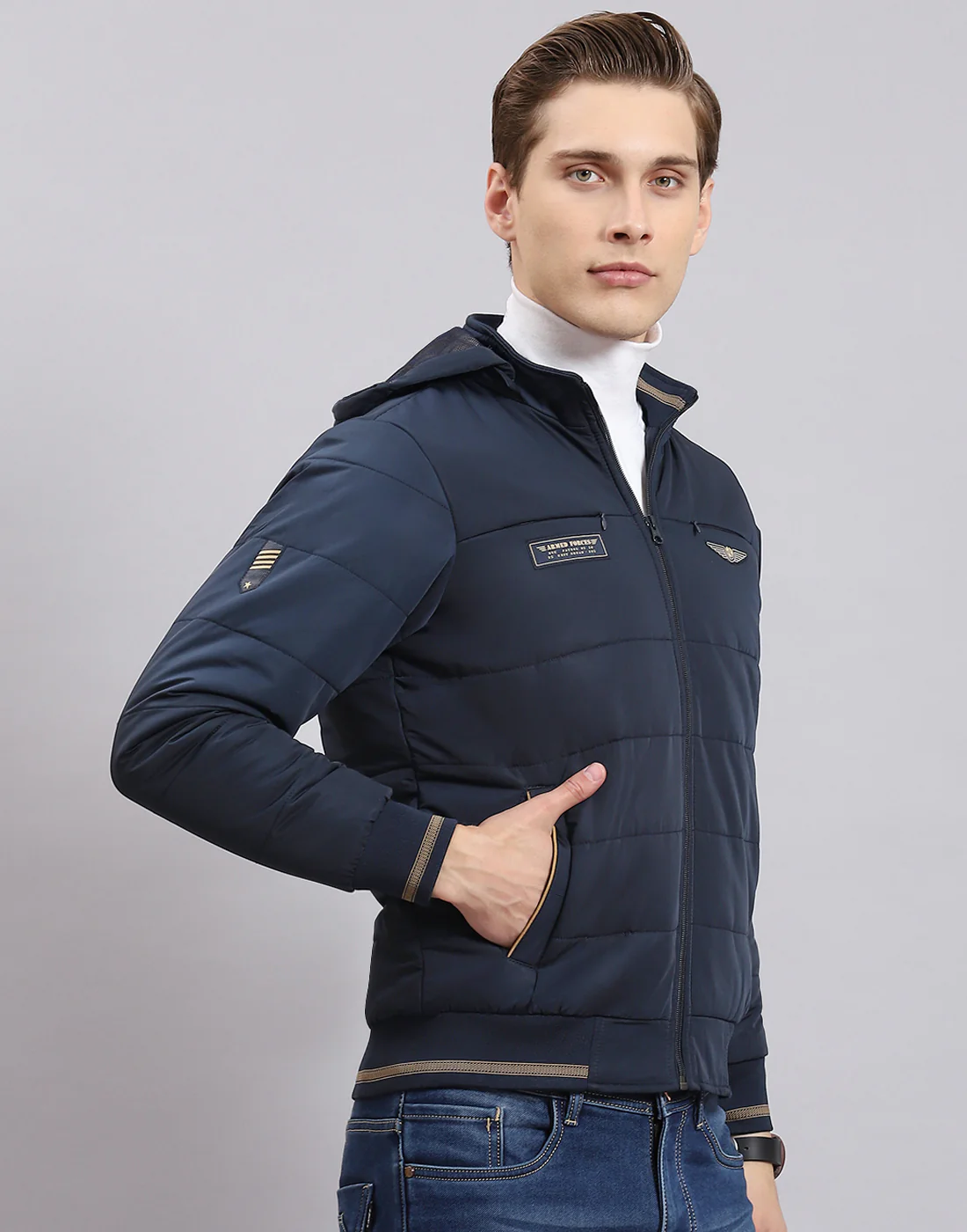 Men Navy Blue Solid Hooded Full Sleeve Jacket - Image 6