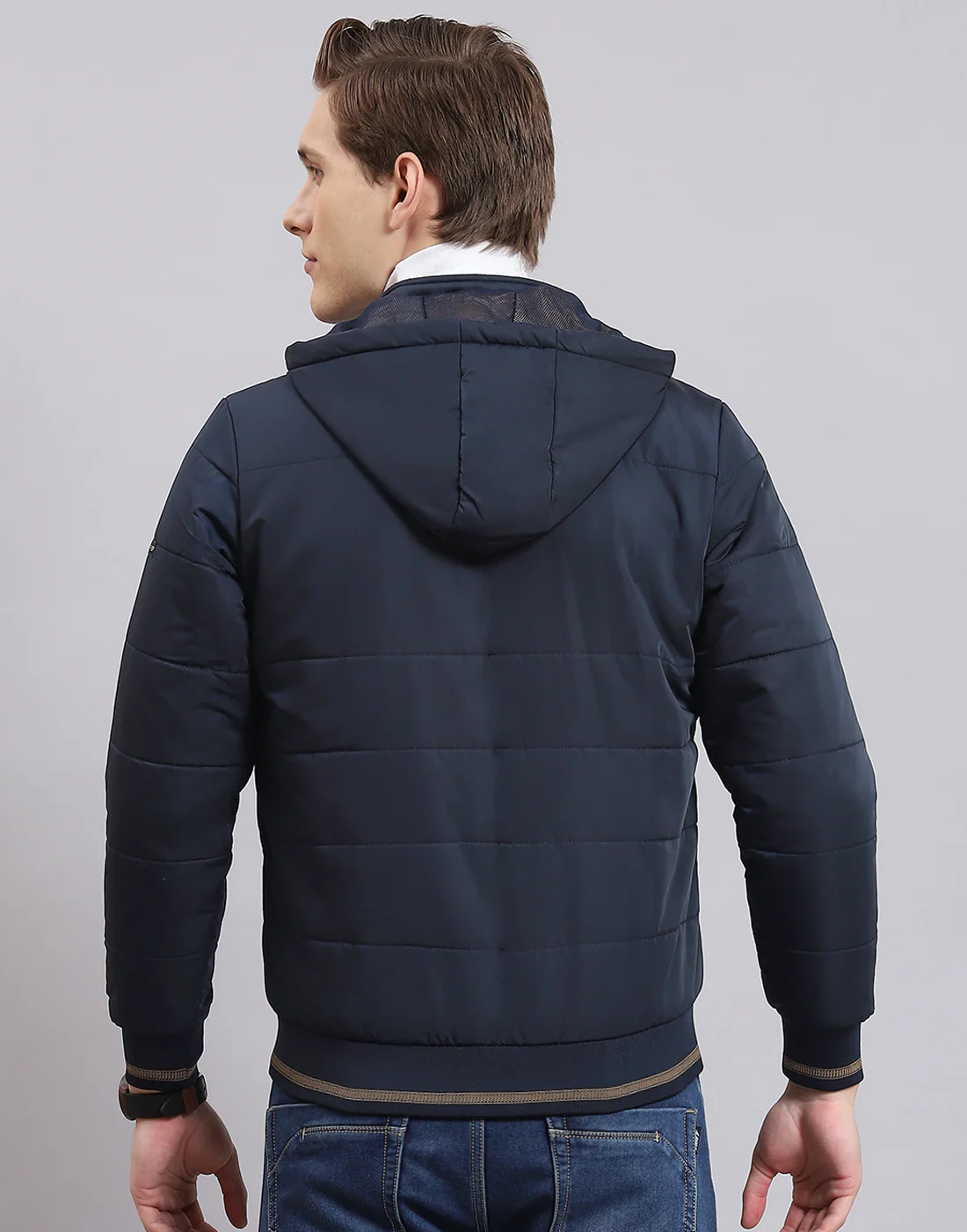 Men Navy Blue Solid Hooded Full Sleeve Jacket - Image 7