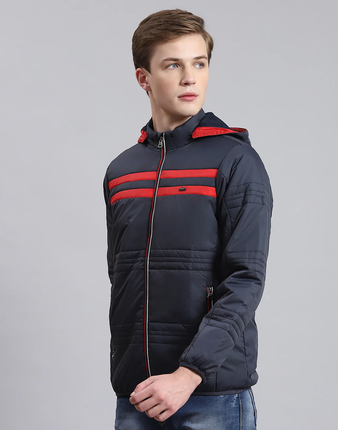 Men Navy Blue Solid Hooded Full Sleeve Jacket - Image 3
