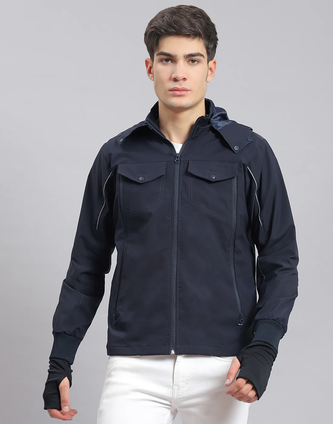 Men Navy Blue Solid Hooded Full Sleeve Jacket - Image 2