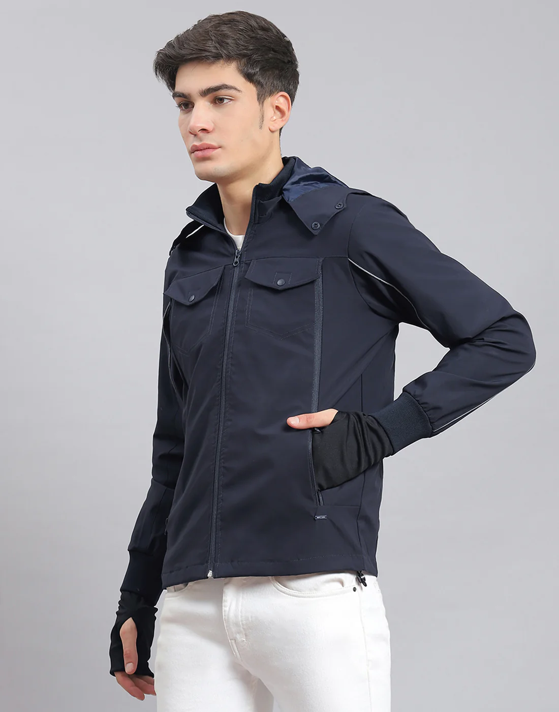 Men Navy Blue Solid Hooded Full Sleeve Jacket - Image 3