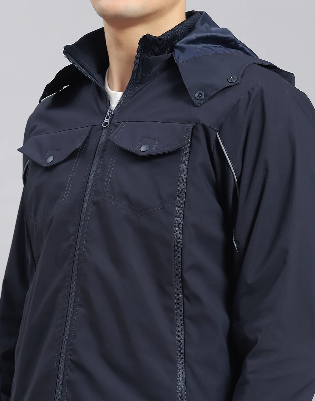 Men Navy Blue Solid Hooded Full Sleeve Jacket - Image 6