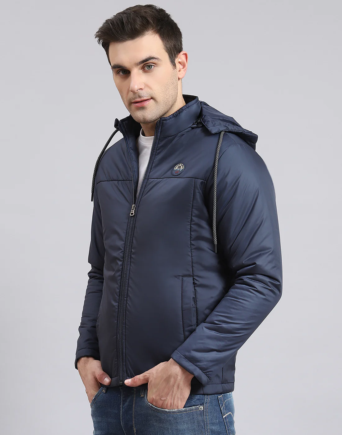 Men Navy Blue Solid Hooded Full Sleeve Jacket - Image 3
