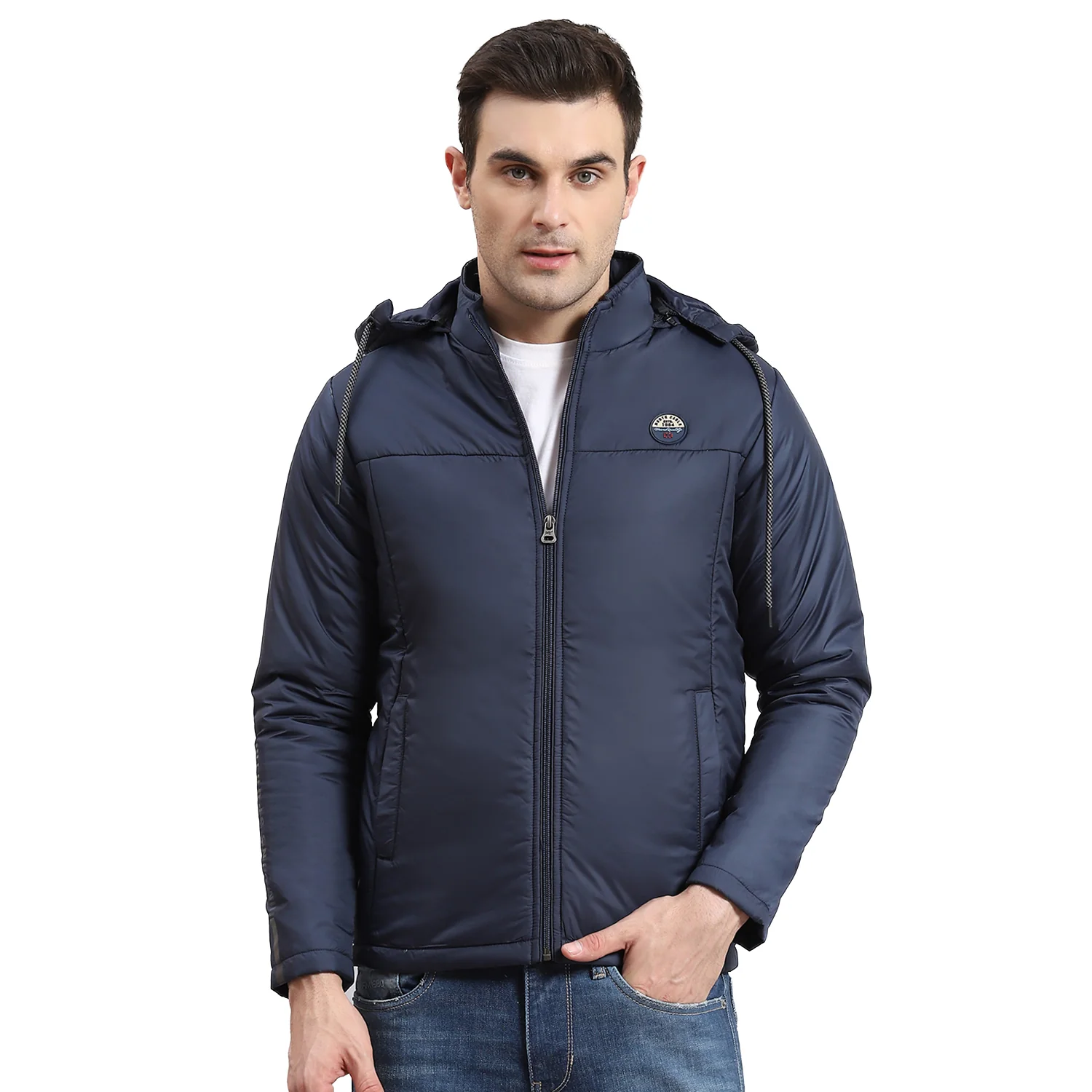 Men Navy Blue Solid Hooded Full Sleeve Jacket - Image 5