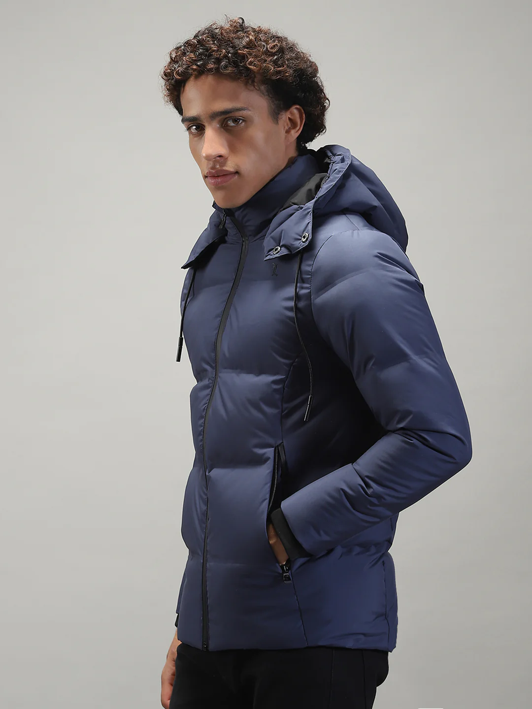 Men Navy Blue Solid Hooded Full Sleeve Jacket - Image 3