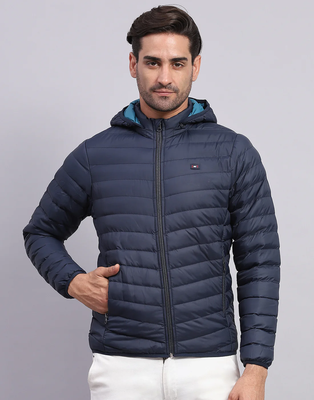 Men Navy Blue Solid Hooded Full Sleeve Jacket - Image 2
