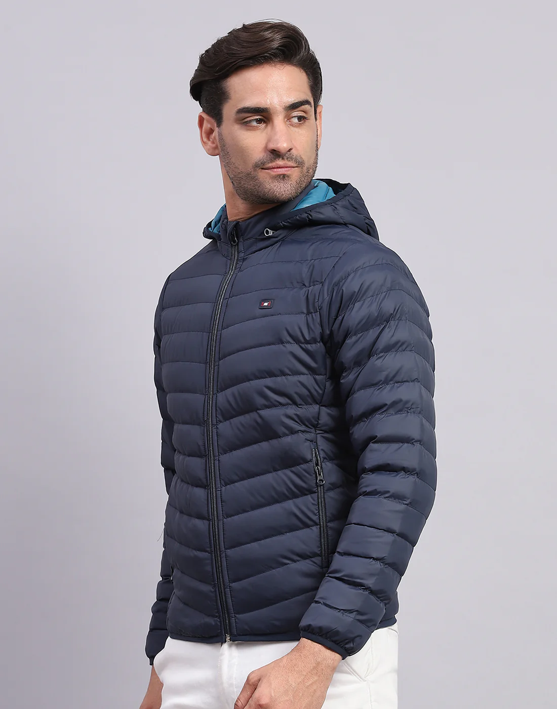 Men Navy Blue Solid Hooded Full Sleeve Jacket - Image 3