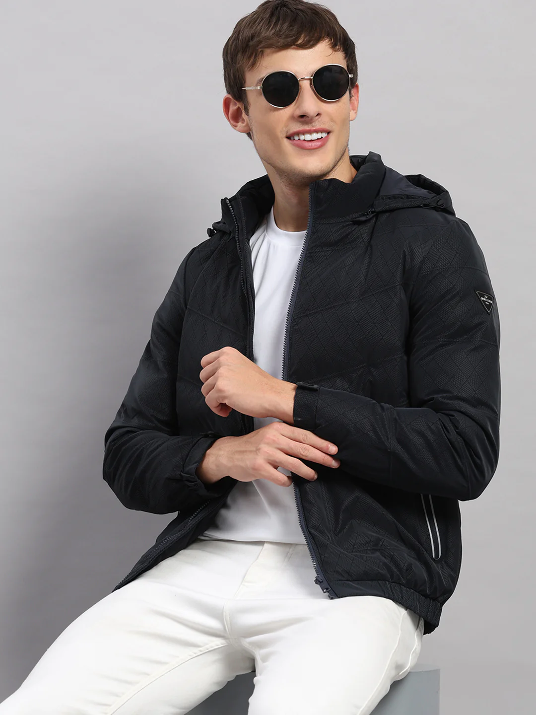 Men Navy Blue Solid Hooded Full Sleeve Jacket - Image 6