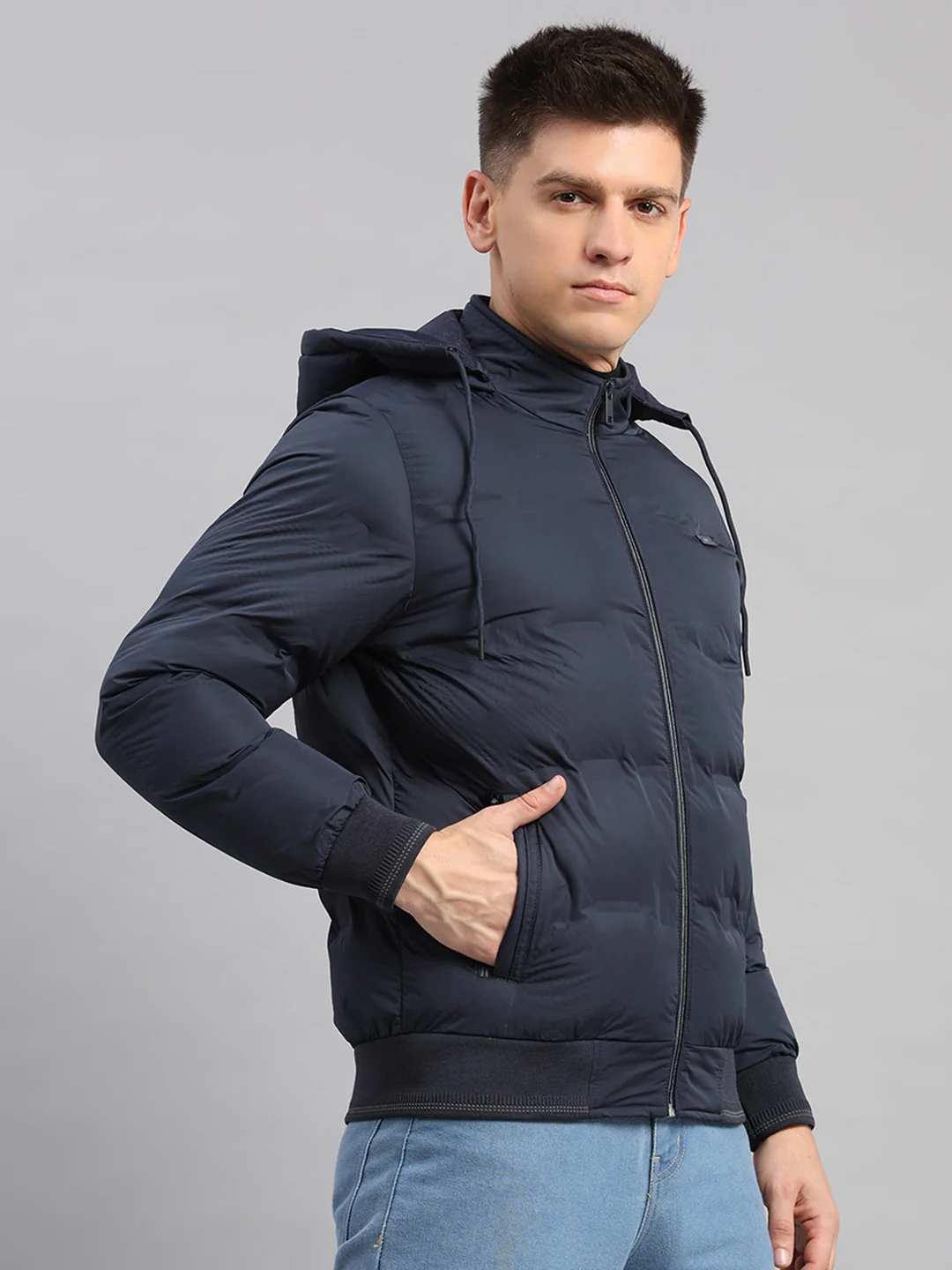 Men Navy Blue Solid Hooded Full Sleeve Jacket - Image 4