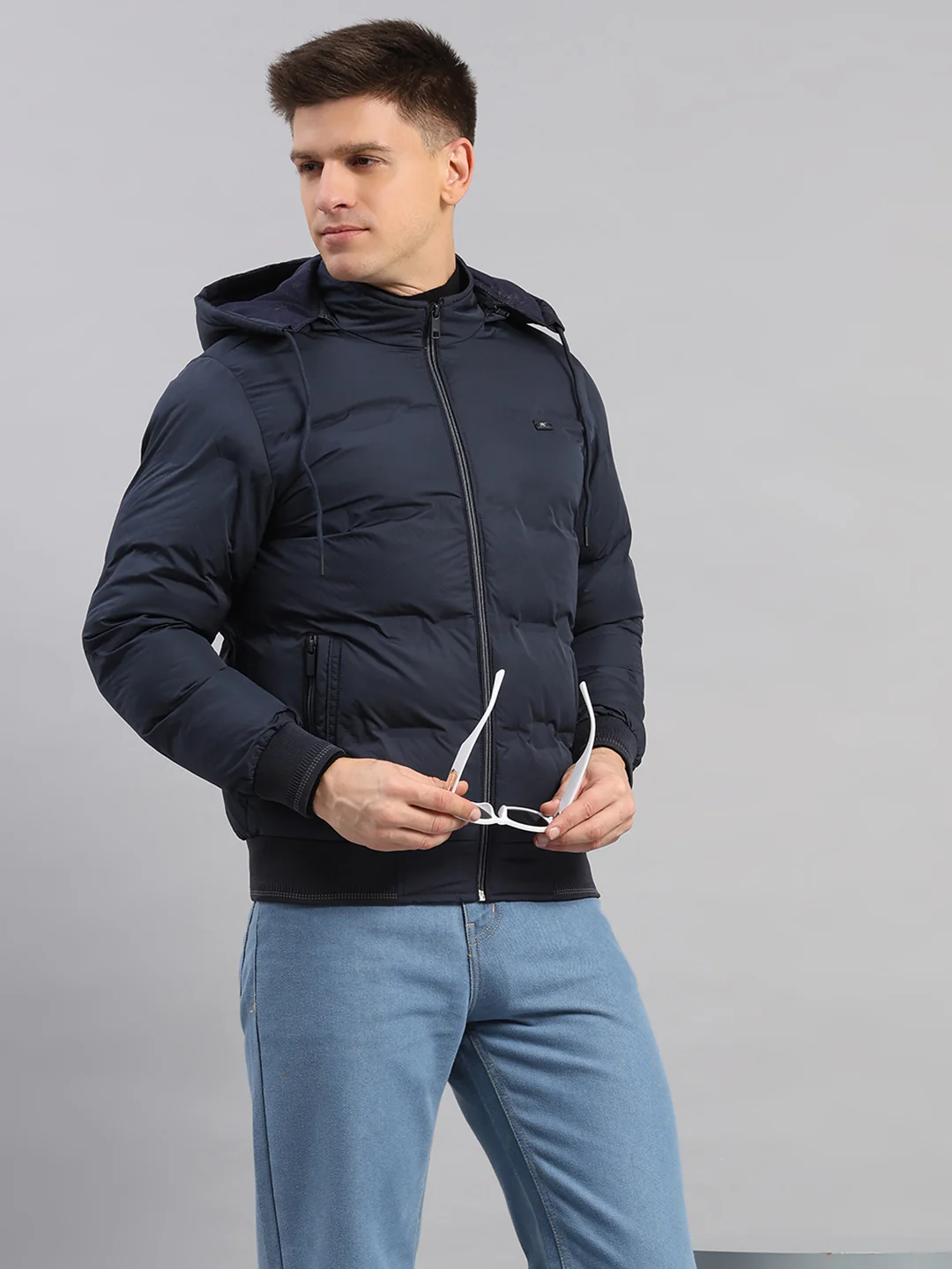 Men Navy Blue Solid Hooded Full Sleeve Jacket - Image 6