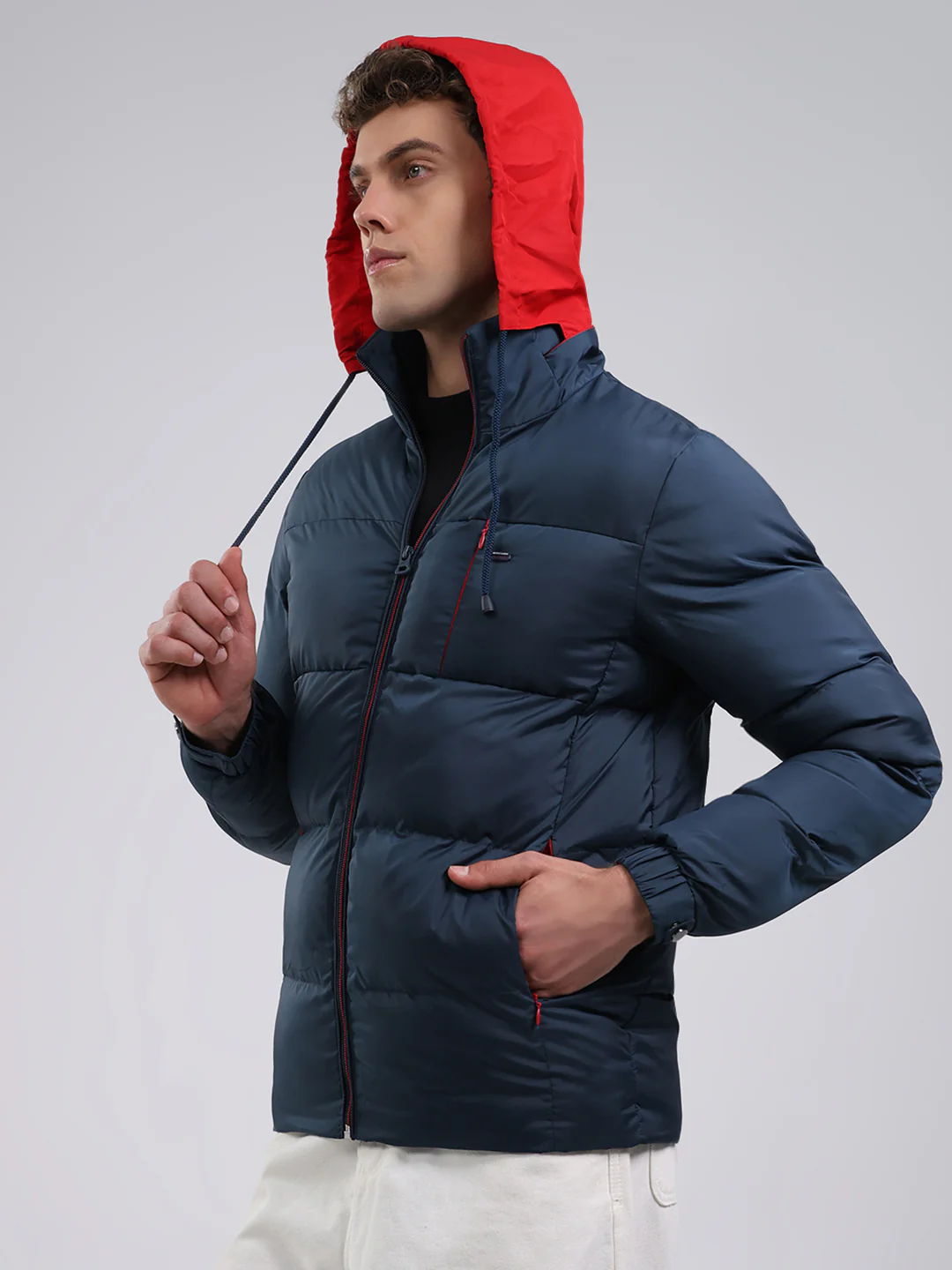 Men Navy Blue Solid Hooded Full Sleeve Jacket - Image 7