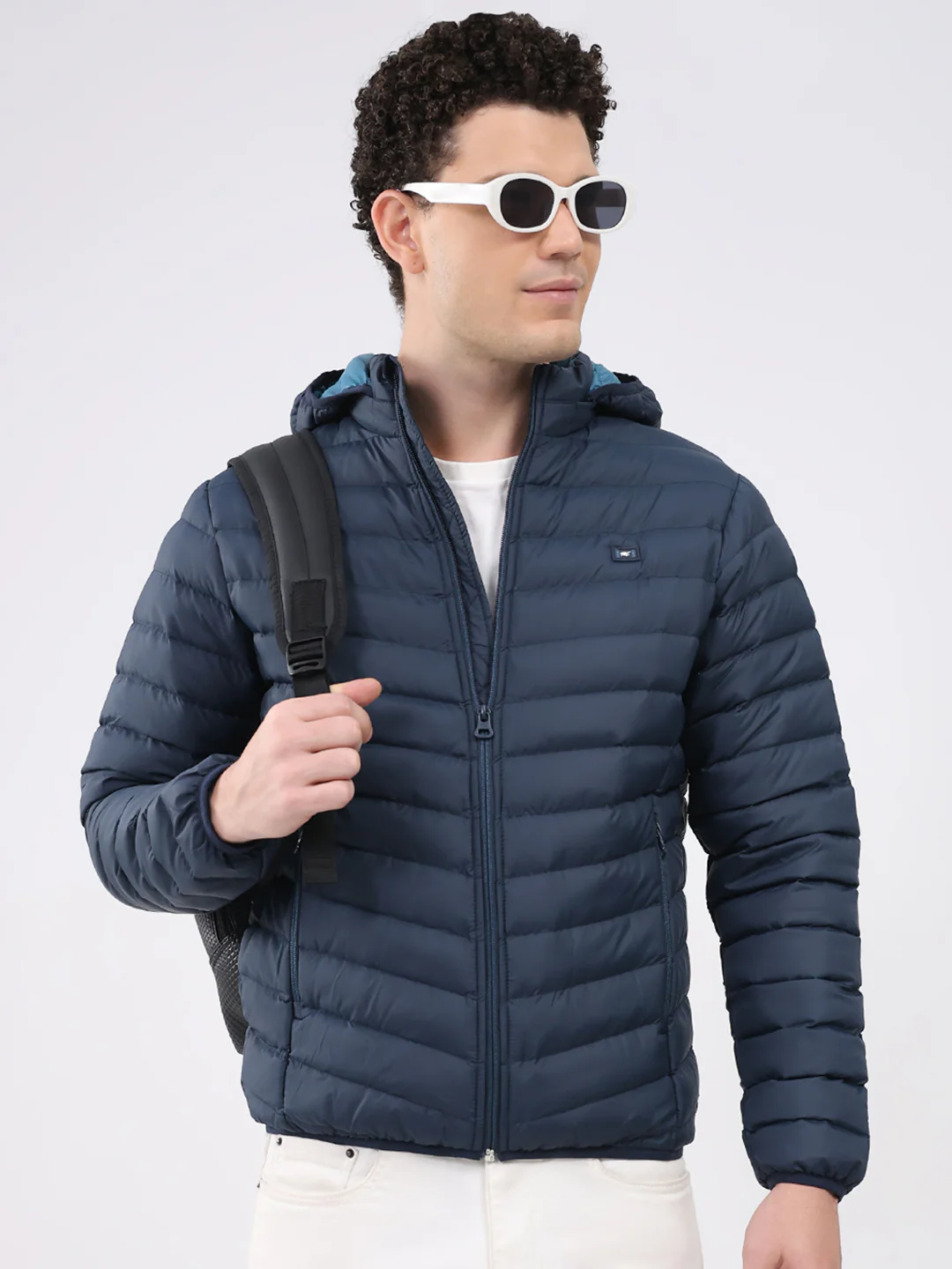 Men Navy Blue Solid Hooded Full Sleeve Puffer Jacket - Image 6