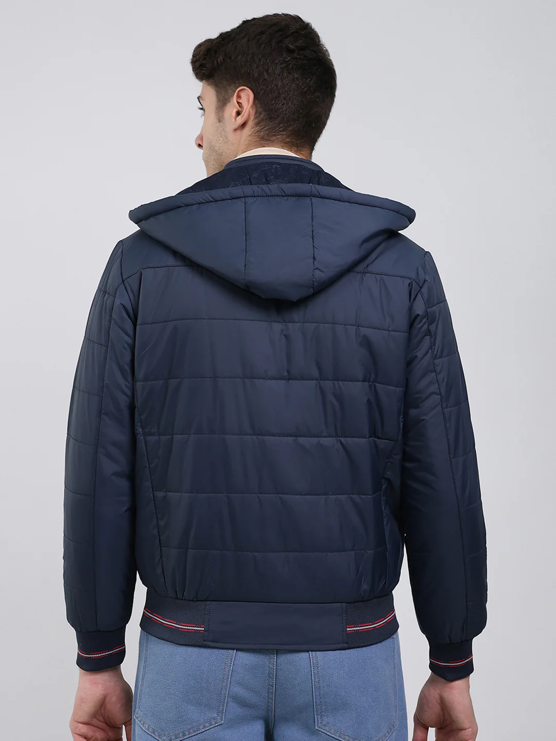 Men Navy Blue Solid Hooded Full Sleeve Jacket - Image 5