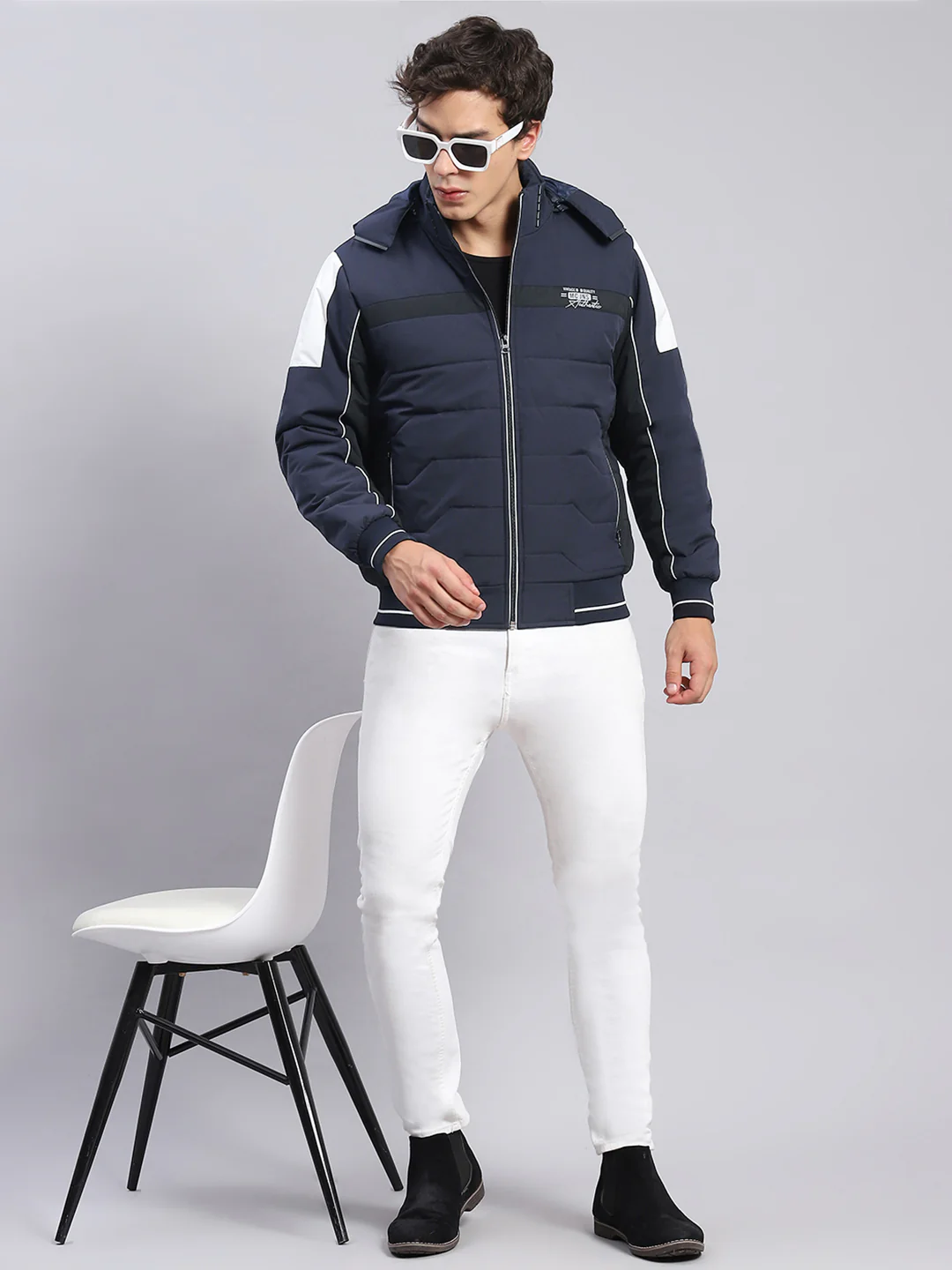 Men Navy Blue Solid Hooded Full Sleeve Jackets - Image 2