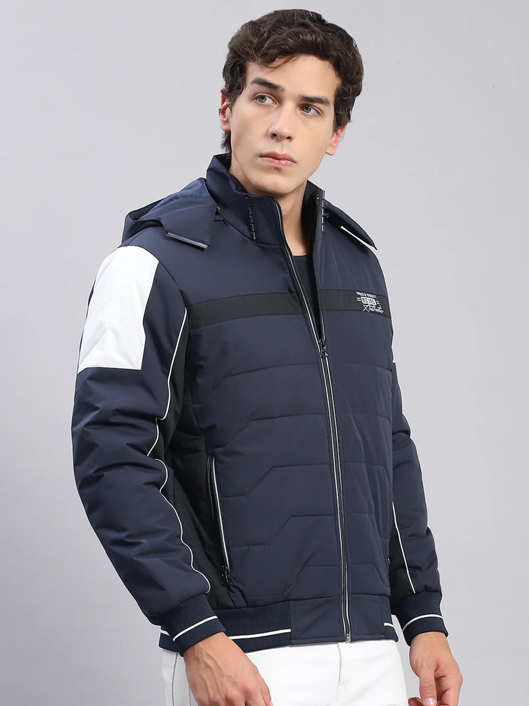 Men Navy Blue Solid Hooded Full Sleeve Jackets - Image 4