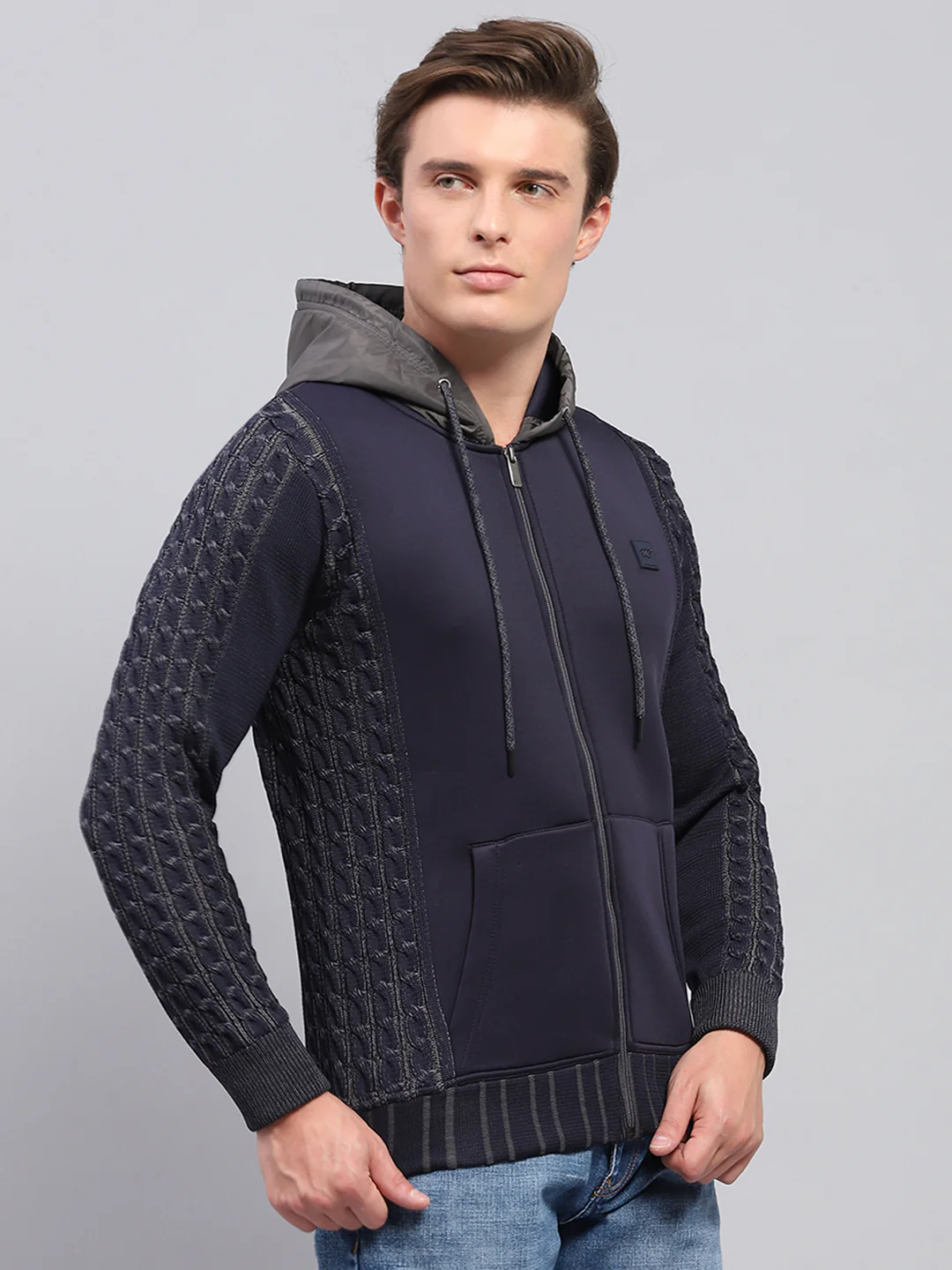 Men Navy Blue Solid Hooded Full Sleeve Pullover - Image 4