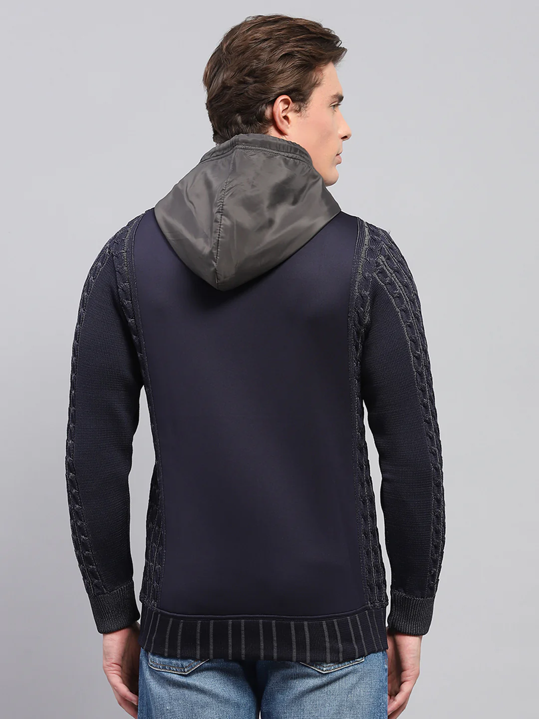 Men Navy Blue Solid Hooded Full Sleeve Pullover - Image 5