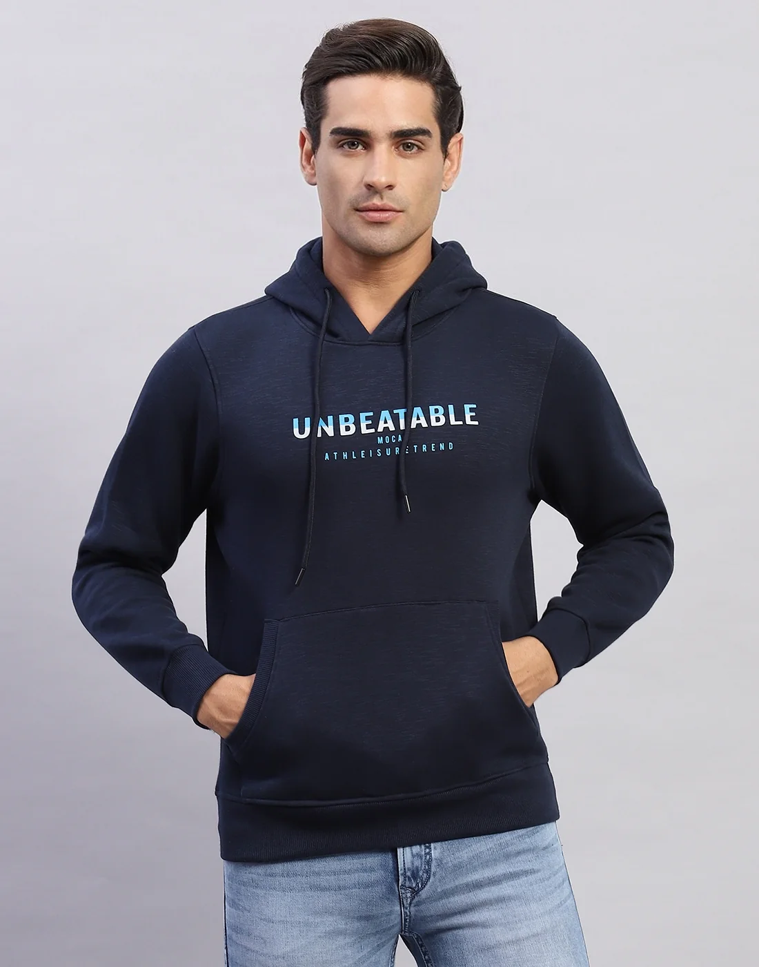 Men Navy Blue Solid Hooded Full Sleeve Sweatshirt - Image 2