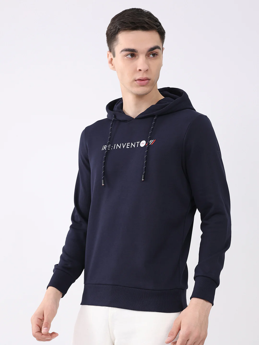 Men Navy Blue Solid Hooded Full Sleeve Sweatshirt - Image 3