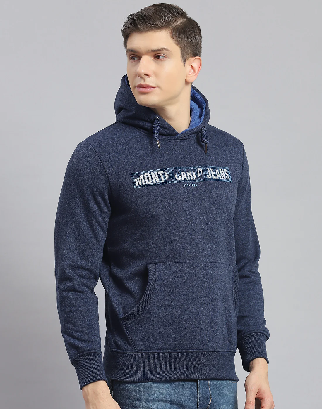 Men Navy Blue Solid Hooded Full Sleeve Sweatshirt - Image 4