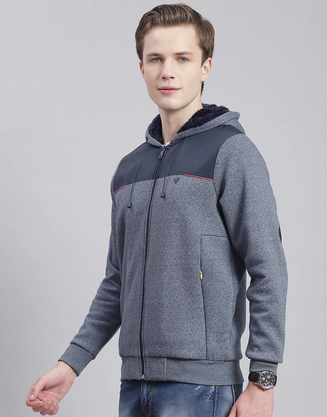 Men Navy Blue Solid Hooded Full Sleeve Sweatshirt - Image 3