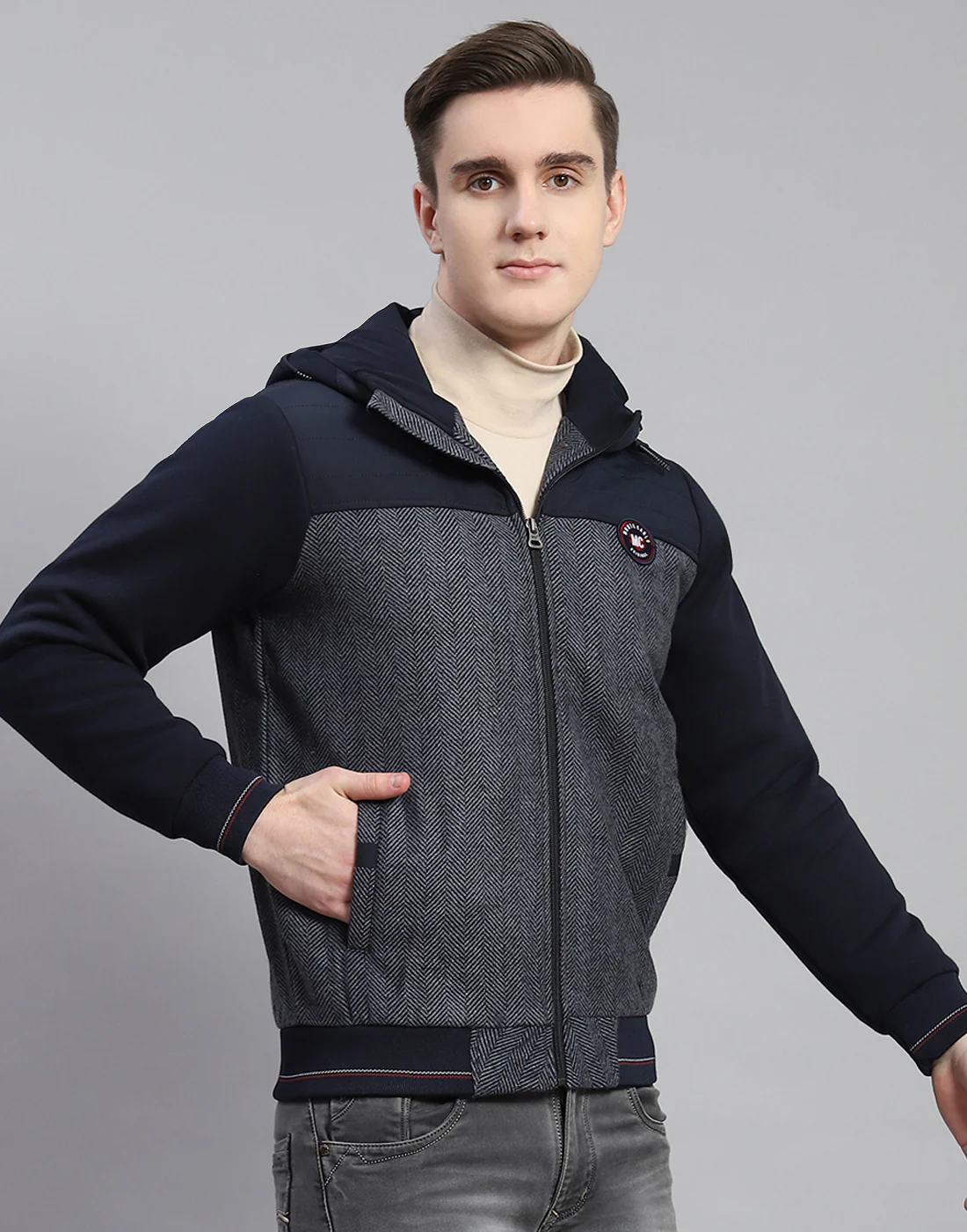 Men Navy Blue Hooded Jacket with Attached Inflatable Neck Pillow - Image 4